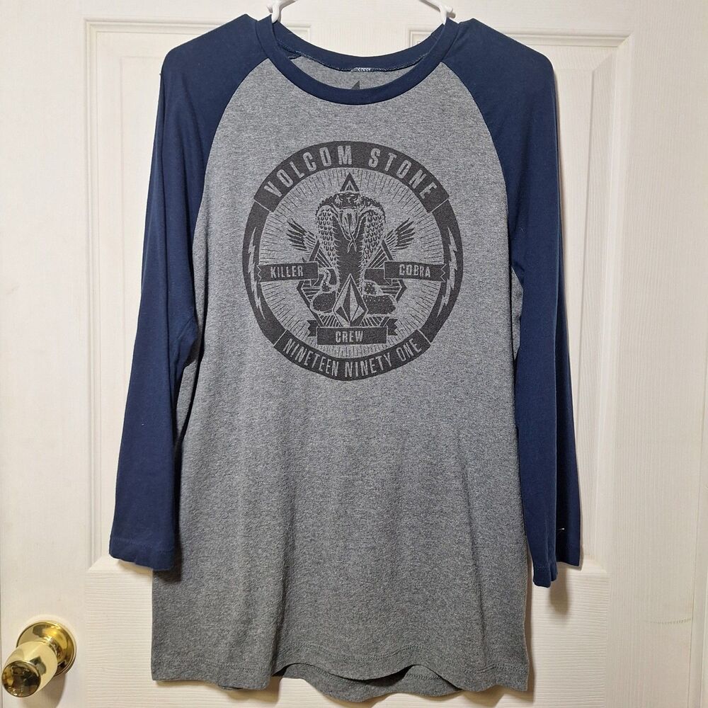 Volcom Grey Blue 3/4 Length Raglan Sleeve Graphic Tshirt Skater Grunge Size M